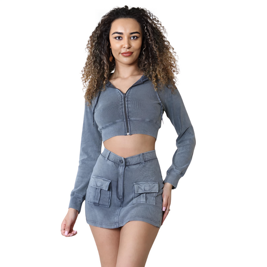 Women's 3 Piece Outfit Suit - Zipper Crop Hoodie, Long Sleeve Top, and Flap Pocket Side Cargo Skirt - Underwear