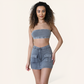 Women's 3 Piece Outfit Suit - Zipper Crop Hoodie, Long Sleeve Top, and Flap Pocket Side Cargo Skirt - Underwear