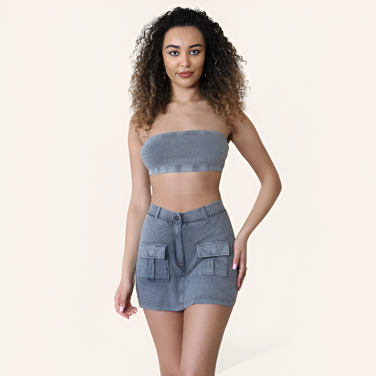 Women's 3 Piece Outfit Suit - Zipper Crop Hoodie, Long Sleeve Top, and Flap Pocket Side Cargo Skirt - Underwear
