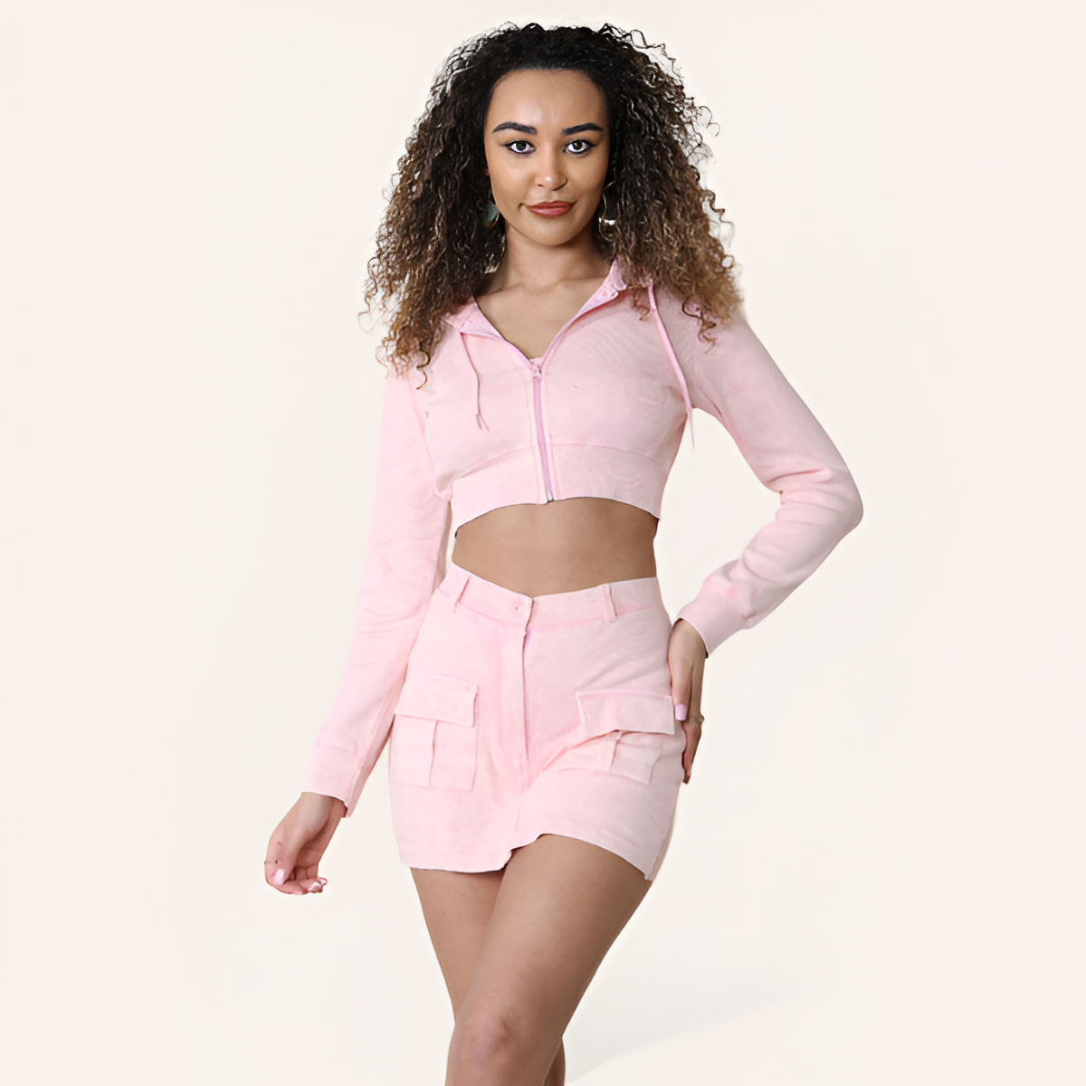 Women's 3 Piece Outfit Suit - Zipper Crop Hoodie, Long Sleeve Top, and Flap Pocket Side Cargo Skirt - Underwear