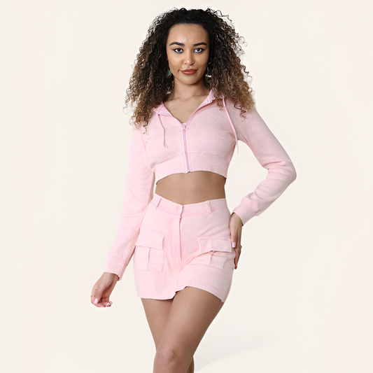 Women's 3 Piece Outfit Suit - Zipper Crop Hoodie, Long Sleeve Top, and Flap Pocket Side Cargo Skirt - Underwear